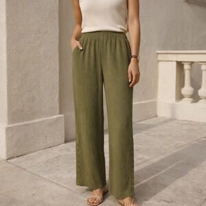 Soft Surroundings Small Wide Leg Pants Olive Green Ramie Gauze Button Detail